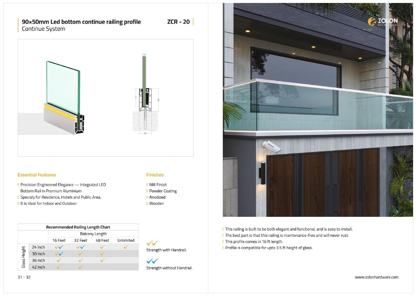 Zolon 90x50mm LED bottom railing profile ZCR-20